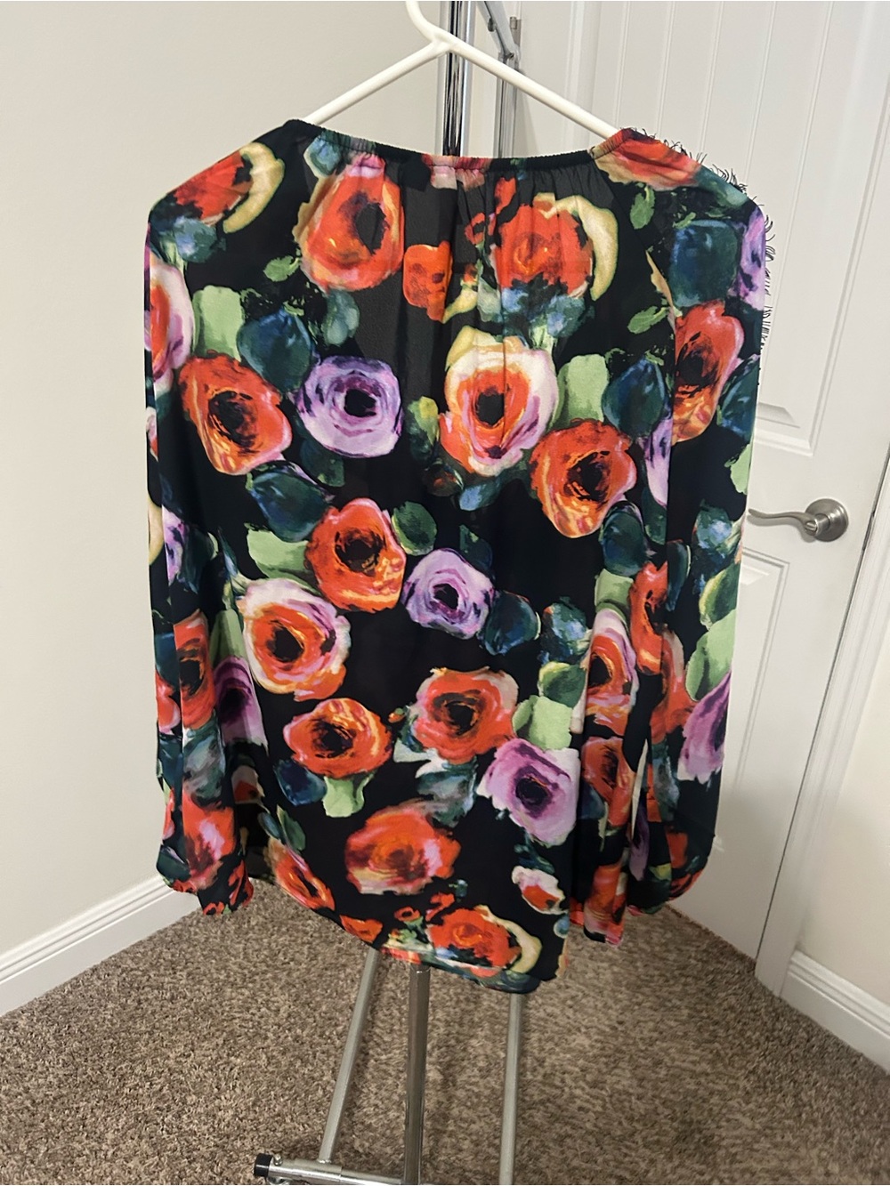 Floral Tie-Neck Blouse in Black with Multicolor Print - Picture 6 of 6
